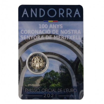 Blister Moeda KM#566 2 Euros 2021  FC Andorra Europa  Centenário da Coroação de Nossa Senhora de Meritxell Bimetálico  Ø