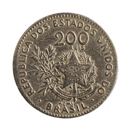 Moeda V-055 200 Réis MCMI (1901) MBC C/Sinais de Limpeza Cupro Níquel Ø25mm 8gr.
