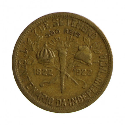 Moeda V-122 500 Réis 1922 MBC+ Centenário da Independência do Brasil 1822 - 1922 Bronze Alumínio Ø22,5mm 4gr.