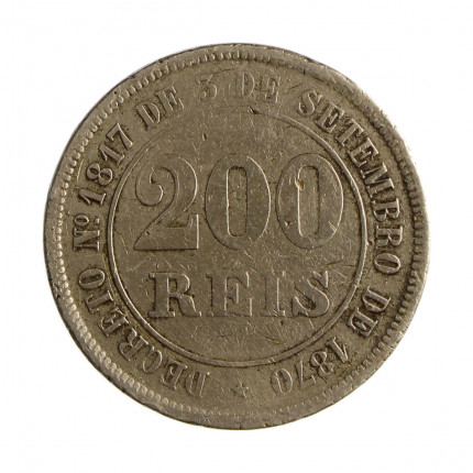 Moeda V-022 200 Réis 1880 MBC Com Marca de Verniz Cupro-Níquel Ø32mm 15gr.