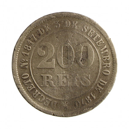 Moeda V-017 200 Réis 1874 BC C/ Sinais de Verniz Cupro Níquel Ø32mm 15gr.