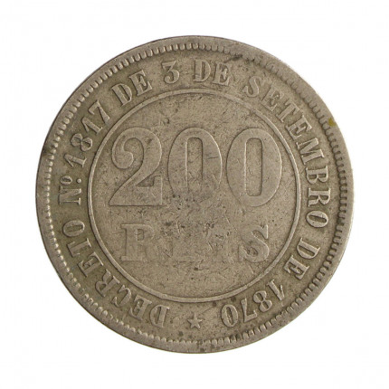 Moeda V-020 200 Réis 1877 BC/MBC Cupro Níquel Ø32mm 15gr.