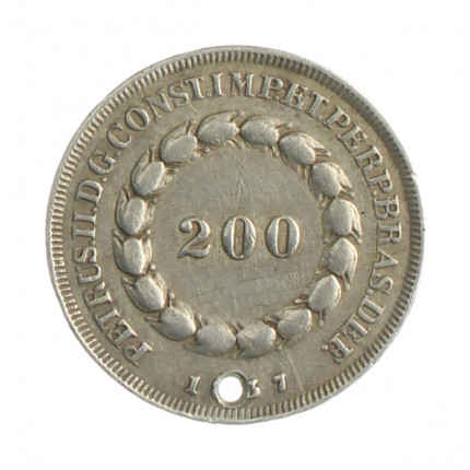 Moeda P-530 200 Réis 1837 BC/MBC C/Furo Prata 0.917 Ø23mm 4,48gr.*