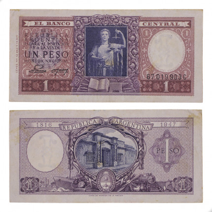 Cédula P#260 1 Peso 1952 Declaração de Independência Econômica Argentina América MBC