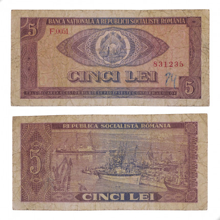 Cédula P#93 5 Lei 1966 C/Marca de Caneta Romênia Europa BC/MBC