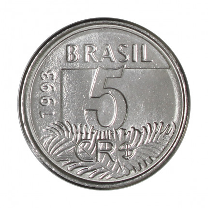 Moeda V-430 5 Cruzeiros Reais 1993 FC Arara Aço Inoxidável Ø21mm 3,3gr.