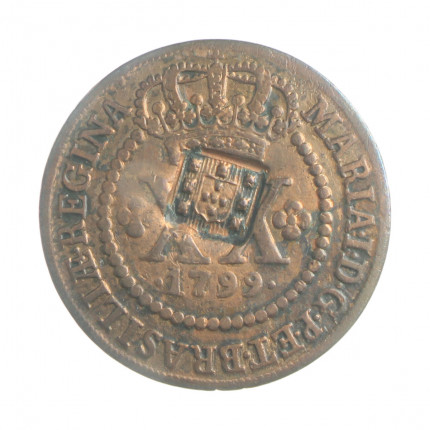 Moeda C-317 XX Réis 1799 MBC/SOB Coroa Baixa C/ Carimbo de Escudete Cobre Ø35mm 14,34gr.*