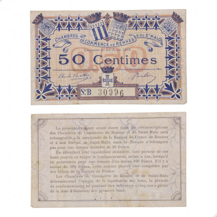 Cédula Notgeld 50 Centimes 1915 França Europa MBC