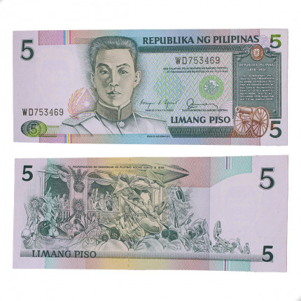 Cédula P#168b 5 Pesos 1986-1990 Filipinas Ásia FE