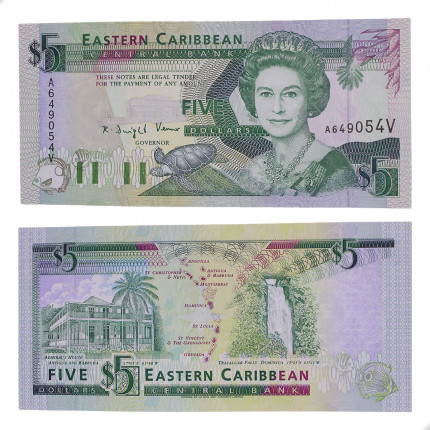 Cédula P#26v 5 Dollars 1993 São Vicente Caribe Ocidental América FE