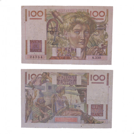 Cédula P#128b 100 Francs 1949 C/Furos França Europa BC