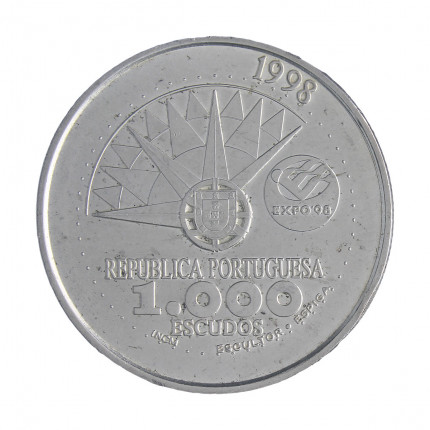 Moeda KM#707 1000 Escudos 1998 MBC Portugal Europa Exposição do Ano Internacional dos Oceanos Prata .500 Ø40mm 27gr.