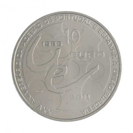 Moeda KM#808 10 Euros 2011 FC Portugal Europa 25º aniversário da adesão de Portugal e Espanha à União Europeia Cupro-níq