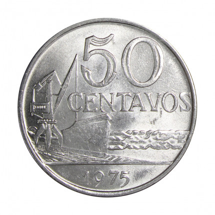 Moeda V-313A 50 Centavos 1975 SOB/FC S/Serrilha Aço Inox Ø27mm 7,7gr.