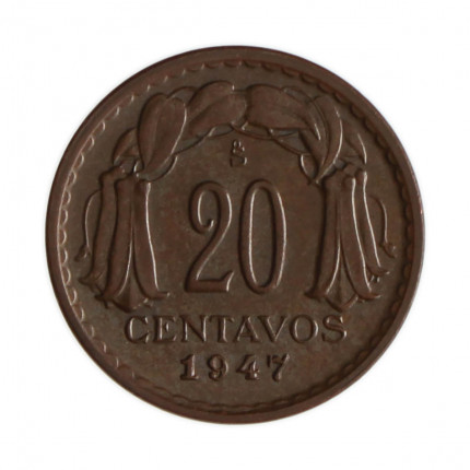 Km#177 20 Centavos 1947 SO MBC+ Chile  América  Cobre 18(mm) 3(gr)