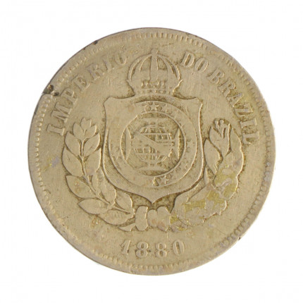 Moeda V-022 200 Réis 1880 MBC C/ Marca de Verniz Cupro Níquel Ø32mm 15gr.