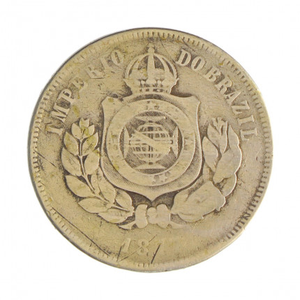 Moeda V-020 200 Réis 1877 BC C/ Marca de Verniz Cupro Níquel Ø32mm 15gr.