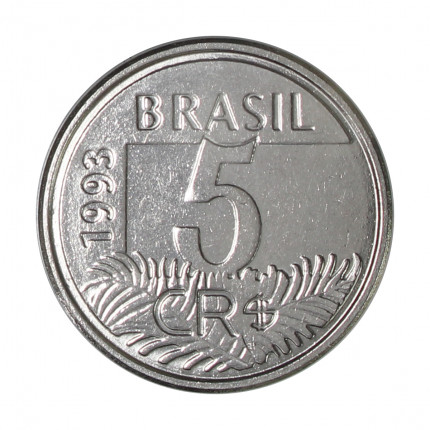Moeda V-430 5 Cruzeiros Reais 1993 SOB/FC  Aço Inoxidável Ø21mm 3,3gr.