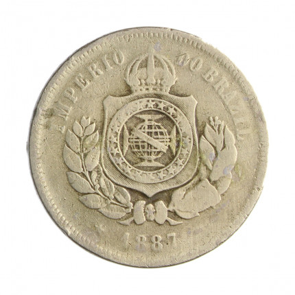 Moeda V-033 200 Réis 1887  BC  C/ Marca de Verniz Cupro Níquel  Ø32mm 15gr.