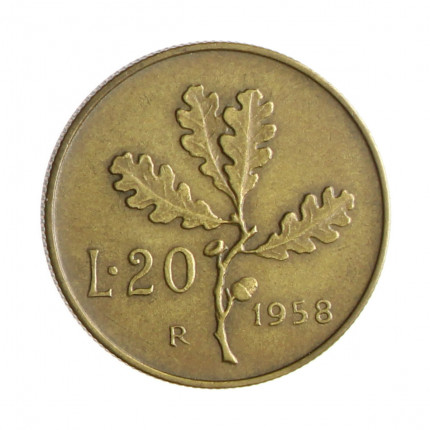 Moeda KM#97.1 20 Liras 1958 R MBC Itália Europa Bronzital Ø21,25mm 3,6gr.
