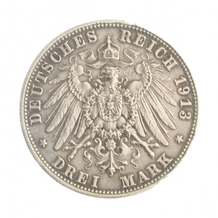 Moeda KM#996 3 Mark 1913 D MBC+ Alemanha Europa Prata 0.900 Ø33mm 16,67gr.