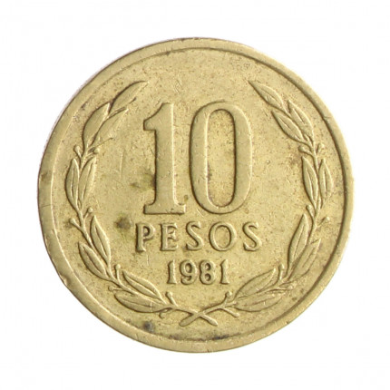 Moeda KM#218 10 Pesos 1981 SO MBC Chile América Latão R Níquel Ø21mm 3,5gr.