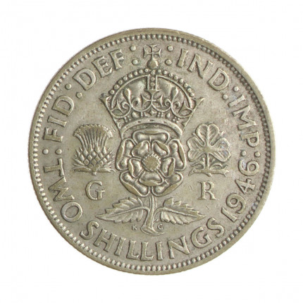 Moeda KM#855 2 Shillings 1946 MBC+ Reino Unido Europa Prata 0.500 Ø28,5mm 11,31gr.