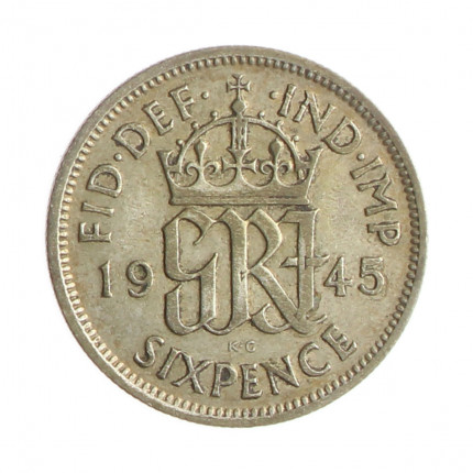 Moeda KM#852 6 Pence 1945 MBC+ Reino Unido Europa Prata 0.500 Ø19,3mm 2,83gr.