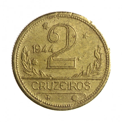 Moeda V-240 2 Cruzeiros 1944 MBC C/Sinais de Limpeza Bronze Alumínio Ø25mm 8gr.