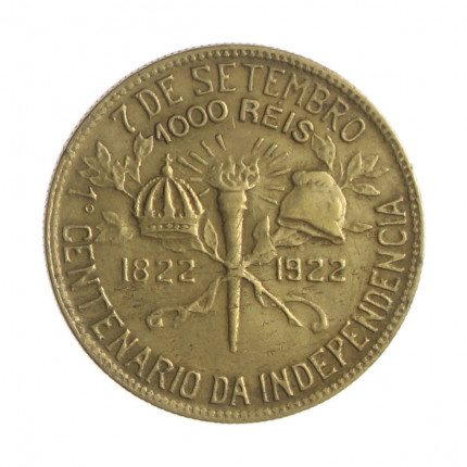 Moeda V-123a 1000 Réis 1922 MBC/SOB Centenário da Independência do Brasil - BBASIL Bronze Alumínio Ø26,7mm 8gr.