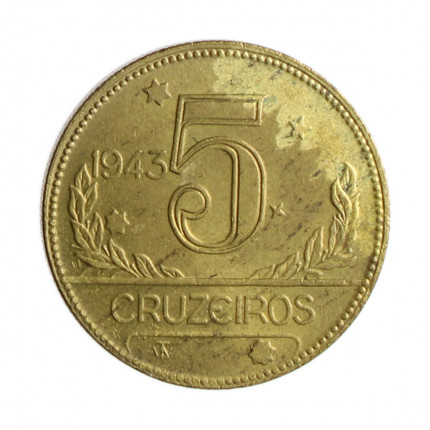 Moeda V-253 5 Cruzeiros 1943 MBC/SOB C/Leve Mancha Bronze Alumínio Ø27mm 9gr.