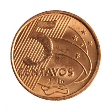 Moeda V-482 5 Centavos 2016 SOB/FC  Aço R Cobre Ø22mm 4,1gr.