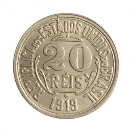 Moeda V-058 20 Réis 1919 MBC/SOB Sem Ponto Cupro Níquel Ø15,5mm 2gr.