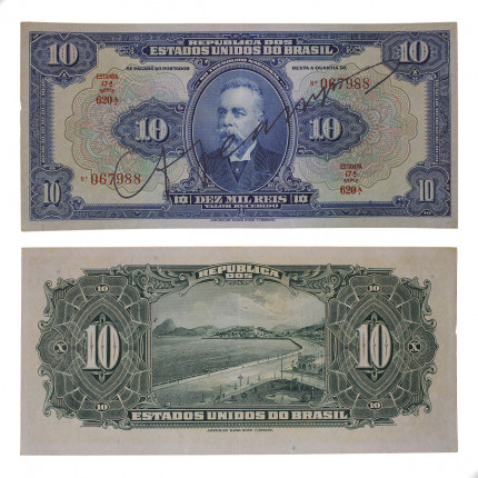 Cédula R-110D 10 Mil Réis 1942 Autografada: número, estampa e série separados SOB