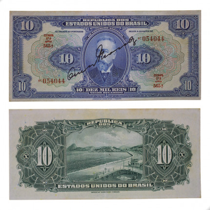 Cédula R-110D 10 Mil Réis 1942 C/ Leves Manchas Autografada: número, estampa e série separados SOB
