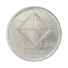 Km#102 100 Liras 1974 R MBC  Itália Europa Centenário de Guglielmo Marconi Aço Inox 27.8(mm) 8(gr)