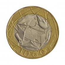 Km#194 100 Liras 1998 R MBC+ Itália Europa Bimetálica: Núcleo de cupro níquel e anel de bronze alumínio. 27(mm) 8.8(gr)