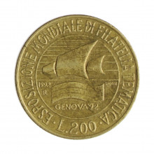 Km#152 200 Liras 1993 R MBC Itália Europa Exposição Mundial de Filatelia temática - Génova'92 Bronze Alumínio 24(mm) 5(