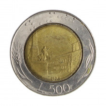 Km#111 500 Liras 1992 R MBC Itália Europa Bimetálico: Núcleo de bronze alumínio e de aço inoxidável 29.3(mm) 11(gr)