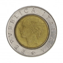 Km#111 500 Liras 1992 R MBC Itália Europa Bimetálico: Núcleo de bronze alumínio e de aço inoxidável 29.3(mm) 11(gr)