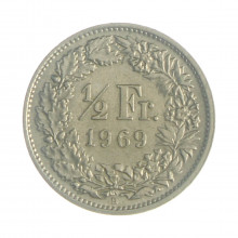 Km#23a.1 ½ Franc 1969 B MBC+ Suíça Europa Cupro-Níquel 18.2(mm) 2.2(gr)