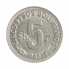 Km#197 5 Pesos 1980 MBC+ Bolívia América Aço com revestimento de Níquel 30(mm) 8.5(gr)