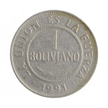 Km#205 1 Boliviano 1991 MBC Bolívia América Aço Inoxídavel 27(mm) 5(gr)