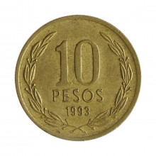Km#228.2 10 Pesos 1993 SO MBC Chile  América  Cobre-alumínio-níquel 21(mm) 3.5(gr)