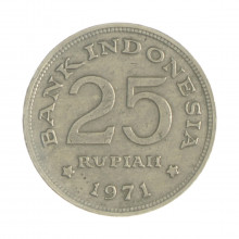 Km#34 25 Rupiah 1971 MBC Indonésia Ásia Cupro-Níquel 20(mm) 3.52(gr)
