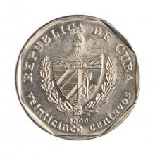 Km#577.2 25 Centavos 2000 MBC Cuba América  Aço com revestimento de níquel 23(mm) 5.65(gr)