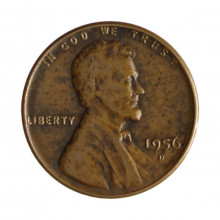 Km#A132 1 Cent 1956 D MBC Estados Unidos  América  Lincoln Cent Espiga de Trigo  Bronze 19(mm) 3.11(gr)