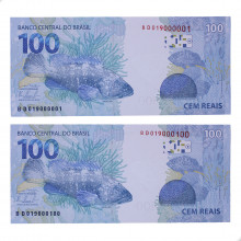 Casal Cédula C-365 BD 100 Reais 2011 Aglomerações Trio/Par e Quina FE - Guido Mantega 2ª Chancela / Alexandre A. Tombini