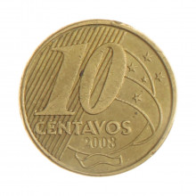 Moeda V-501 10 Centavos 2008 MBC Cunho Trincado Aço R Bronze Ø20mm 4,8gr.