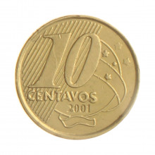 Moeda V-494 10 Centavos 2001 MBC Cunho Trincado Aço R Bronze Ø20mm 4,8gr.